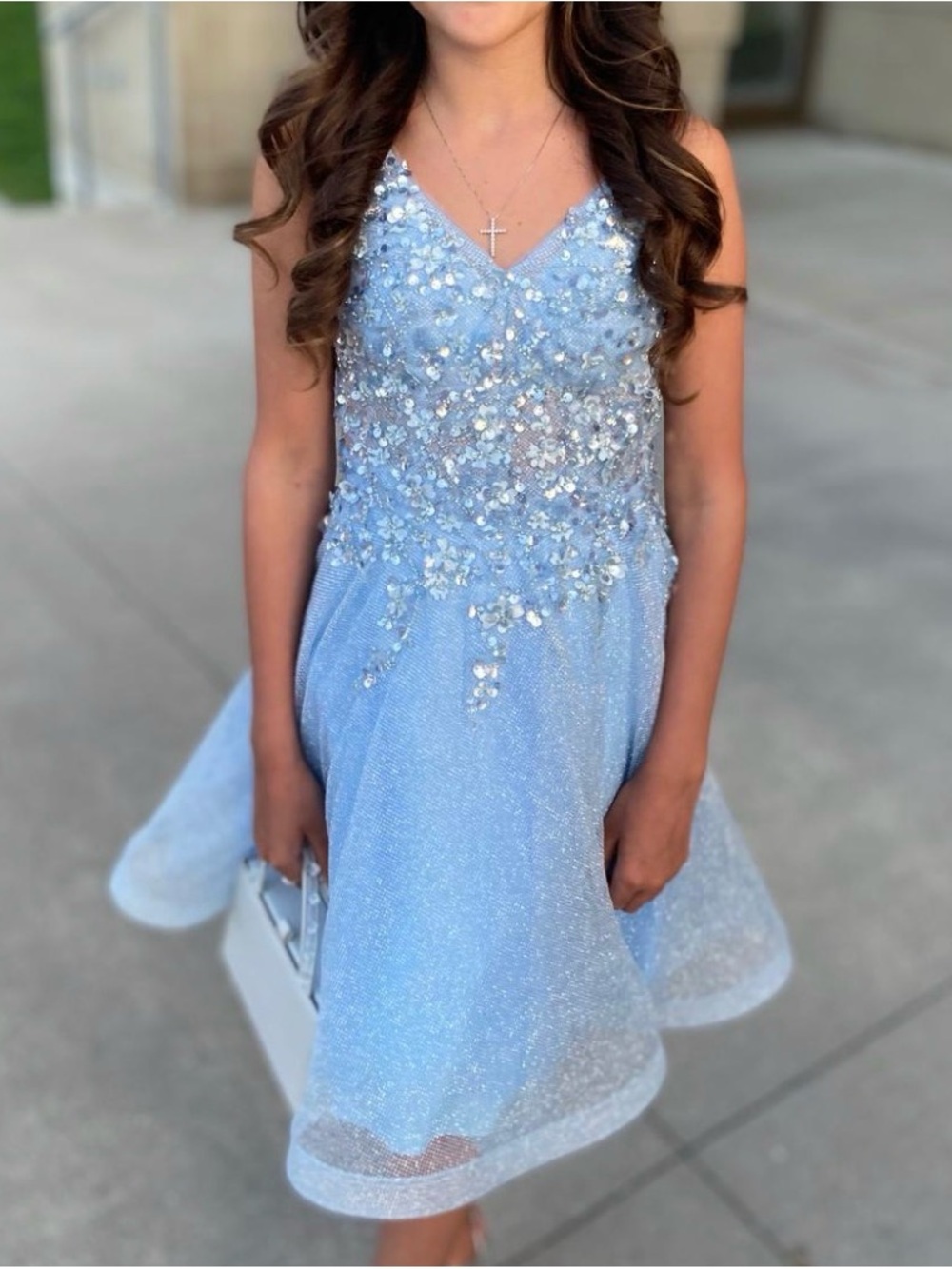 Sparkle Light Blue V-Neck Embellished Girls' Dress